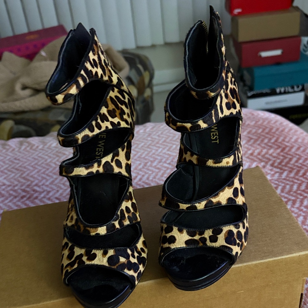 Nine West Leopard Print Strappy High Heel Sandals - Black & Brown